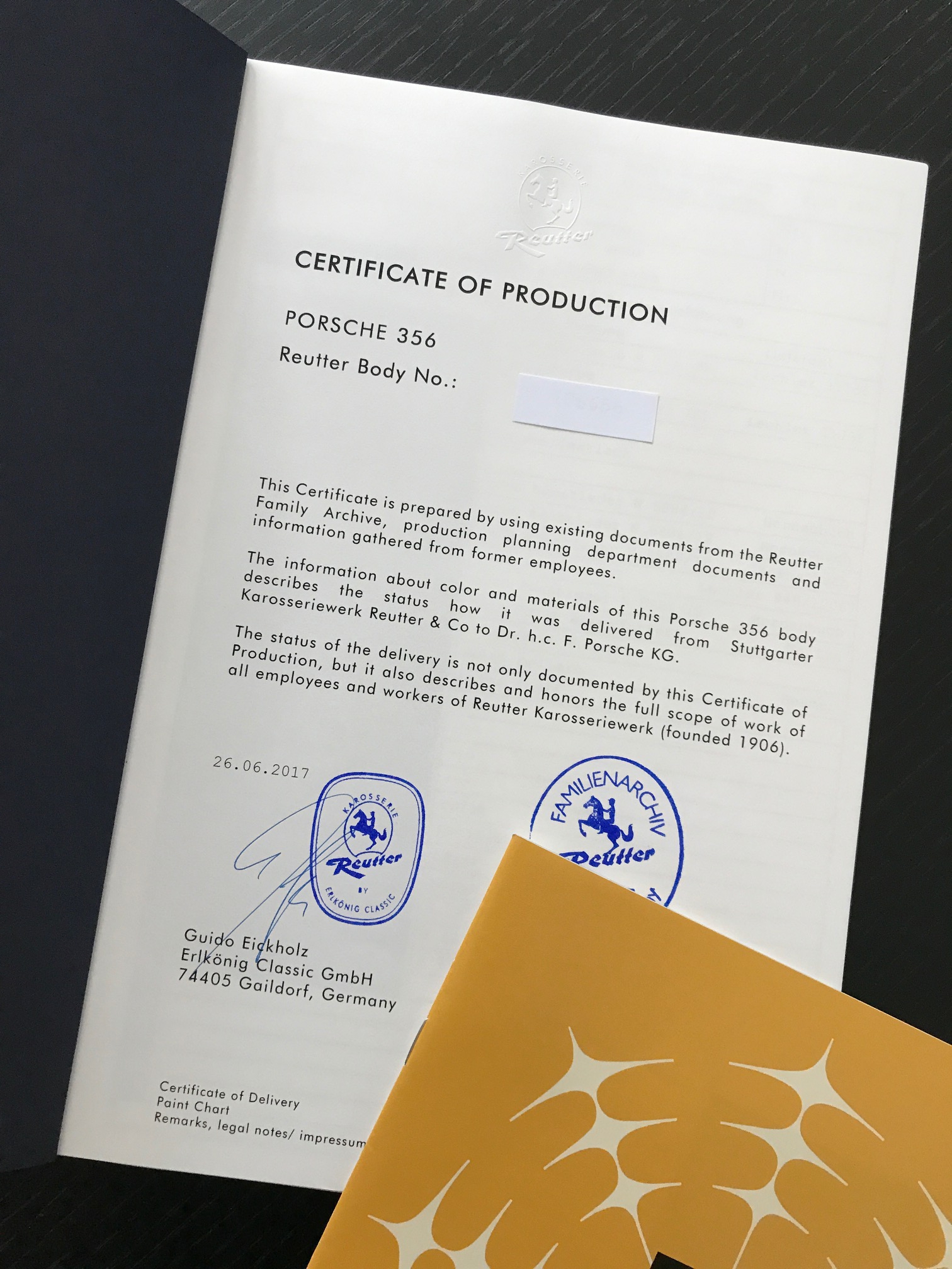 Karosserie Reutter Auslieferungsbescheinigung